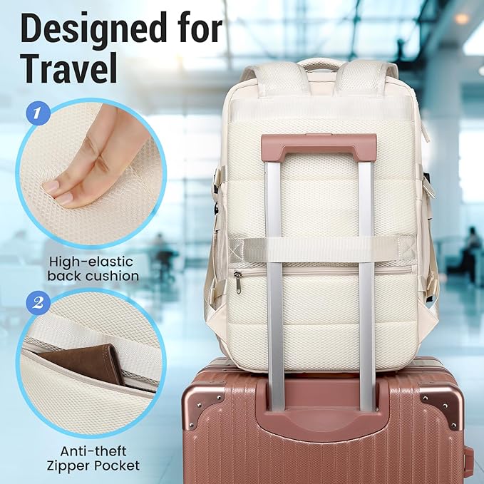 Travel Backpack Women Men, Carry On Backpack with USB Charging Port & Shoe Pouch,TSA 17.3inch Laptop Mochila Flight Approved,Nurse Bag Casual Daypack for Weekender Business Hiking,Gift (Beige)