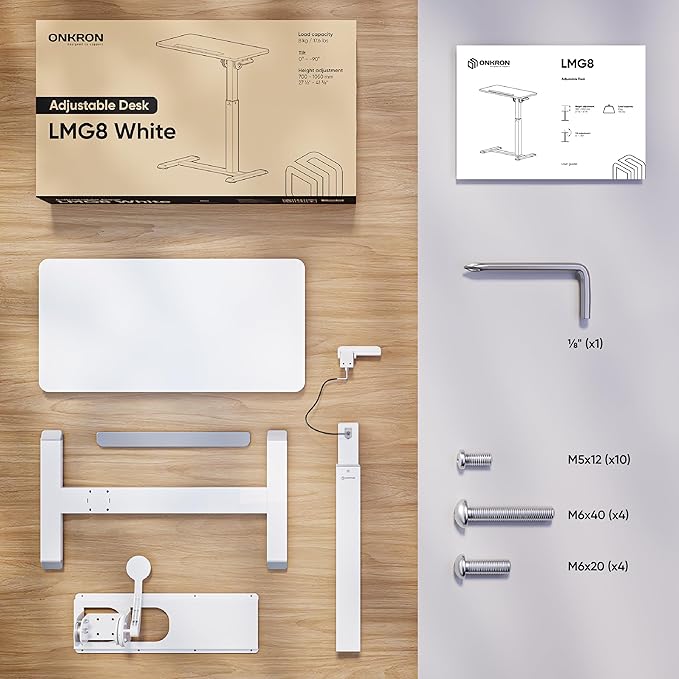 ONKRON Laptop Cart on Wheels, max Load up to 17.6 lbs, Small Rolling Table with Hidden Wheels, Mobile Standing Desk Adjustable Height, 90° Tilting Portable Workstation, Overbed Bedside Desk White