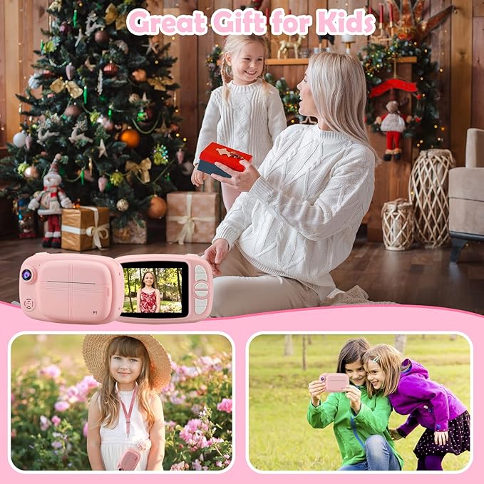 Kids Instant Camera, Mijiaowatch 12MP/1080P Kids Digital Print Camera, 3.5 Inch Print Cameras for Kids with Print Paper 32GB TF Card, Video Photo Recorder 3 in 1 Gift for Girls Boys Ages 3-14 (Pink)