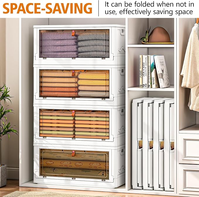 4 Tier Storage Bins with Lids 102QT - Stackable Containers with Wheels, Folding Boxes, Stackable Storage Bins, Closet Organizers