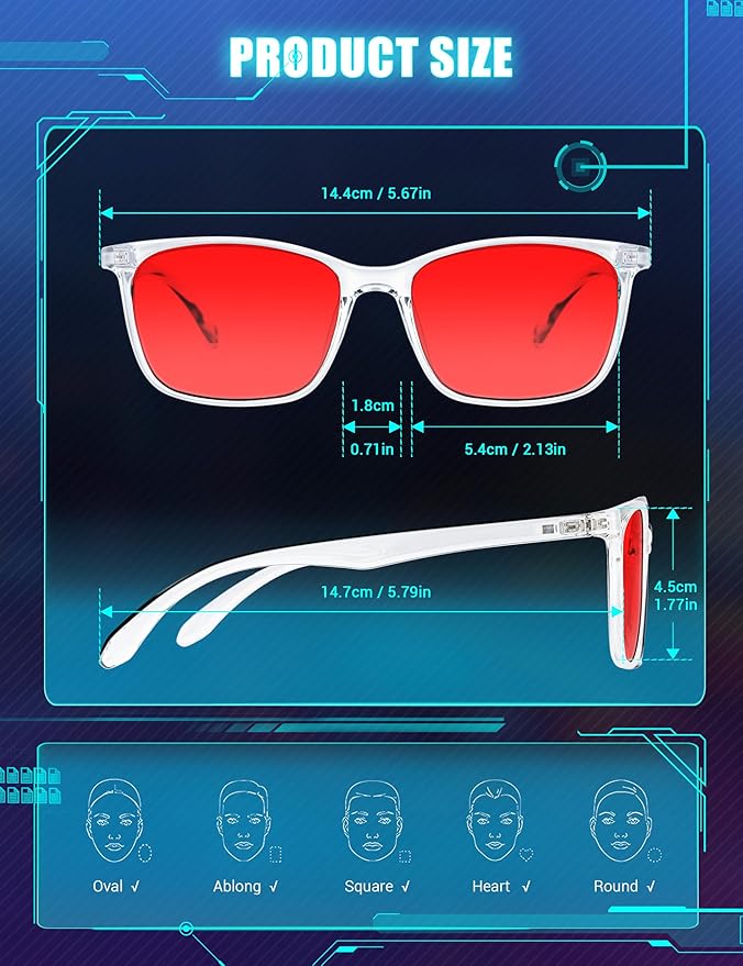 TIJN Sleep Glasses for 99.9% Blue Green Light Blocking Dual AR Coatings Red Lens for Computer Gaming Reduce Eyestrain, TR90, Clear