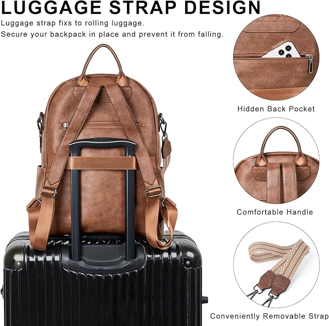 Backpack Purse for Women Laptop Backpack, Leather Travel Backpack Shoulder Bag Teacher College Daypack Work Handbag fits 14" Laptop-Brown