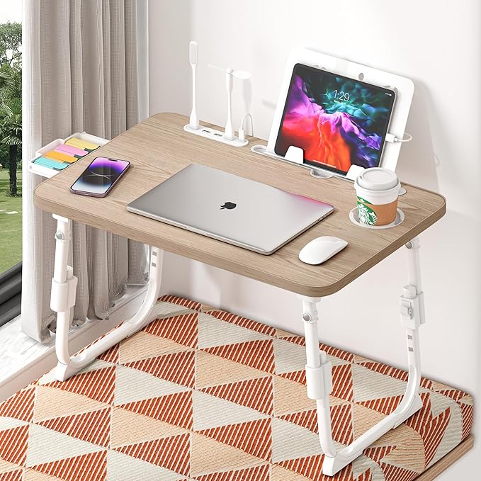 Laptop Desk for Bed Height Adjustable, Lap Bed Table with USB/Storage Drawer/Cup Holder/Tablet Stand/Book Shelf, Foldable Breakfast Tray Portable for Reading Writing, Sofa & Floor, Glacier