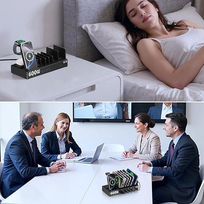 600w Charging Station for Multiple Devices, 15 in 1 Wireless Charger with 2pack 100w USB C Charger Cable, Dual 100w USB C Tablet Charging Station for MacBook,iPhone,iPad,Tablet(Black)