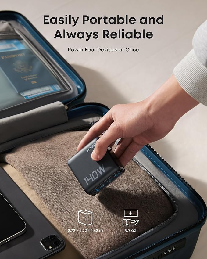 Anker Laptop Charger, 140W MAX USB C Charger, 4-Port Multi-Device Fast Charging, Advanced GaN Power Adapter, Intuitive Touch Controls, for MacBook, iPhone 17/16 Series, Samsung Galaxy, Pixel, and More