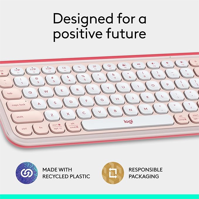 Logitech POP ICON Keys Wireless Bluetooth Keyboard, Comfortable Typing, Programmable Keys, Easy-Switch Between up to 3 Devices, for Laptop, Tablet, PC – Rose and Off-White