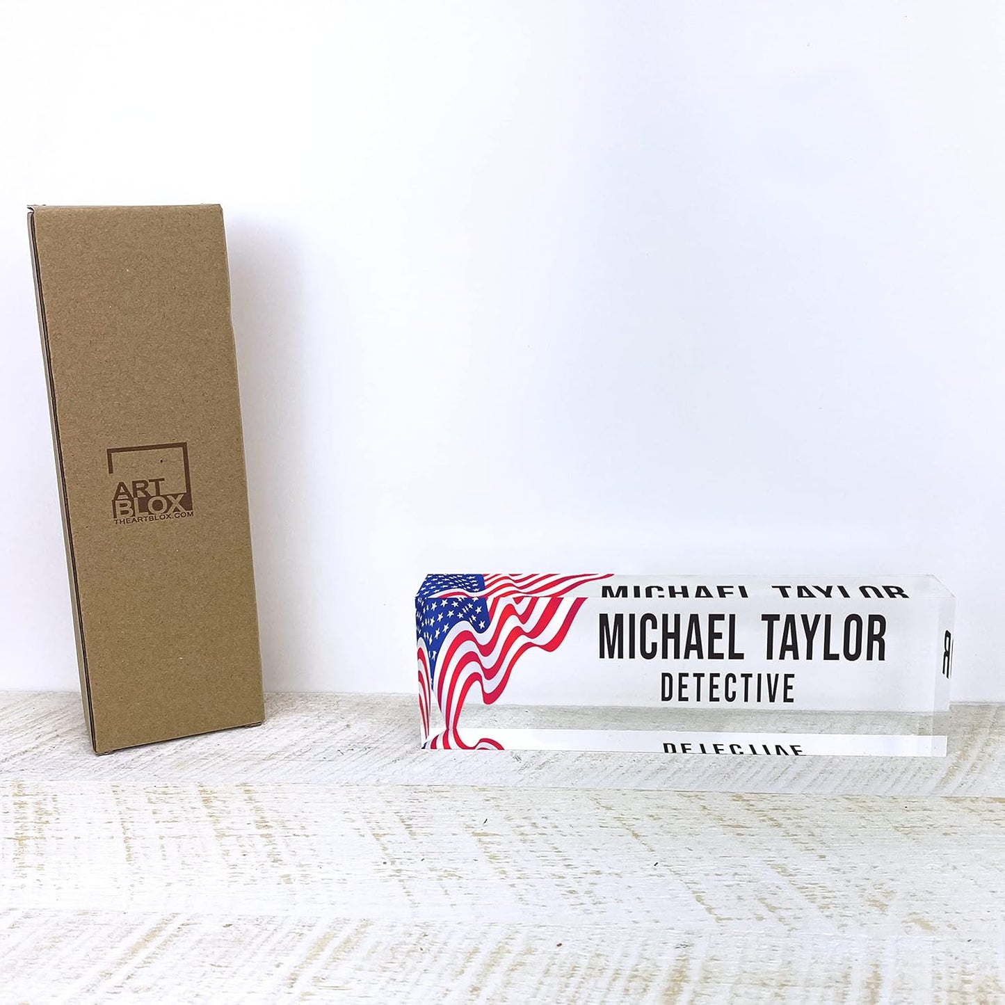Artblox Office Desk Name Plate Personalized | Custom Name Plates for Desks | Us Flag Design On Clear Acrylic Glass | Office Desk Decor - (8" x 2.5")