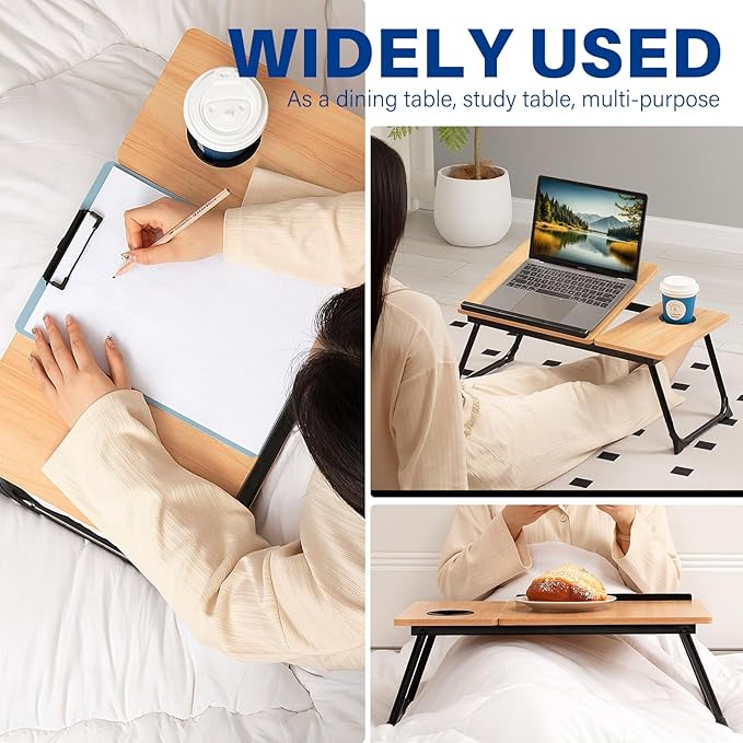 Laptop Desk for Bed Couch, Adjustable Foldable Bed Table with Cup Holder, Breakfast Serving Tray, Portable Laptop Lap Desk Stand for Working Reading Writing Eating Gaming in Bed Sofa Floor(Walnut)