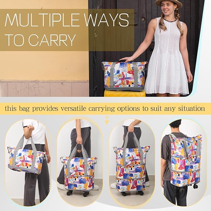 VOOWO Duffel Bag with Wheels - Rolling Foldable Expandable Duffle Bag with Wheels for Travel, Rolling Luggage Carry On Bag with Wheels, Large Rolling Backpack Weekend Bags for Men Women (Gray)