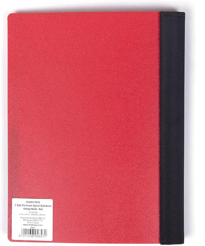 Mintra Office Durable PREMIUM Spiral Notebook, ((Red, 2 Subject (6in x 9.5in)), Wire, Fabric Covered Coils, No Snags, Removable Adjustable Pocket Dividers, Ruler, Organization, Customizable