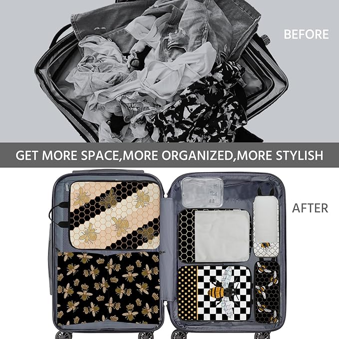 7 Pcs Compression Packing Cubes for Travel, Waterproof Suitcase Luggage Backpack Organizer with Toiletry Bag Travel Essentials for Women/Men-Bees