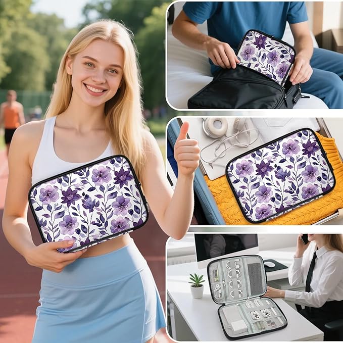 Purple Floral Electronics Travel Organizer Case, Tech Accessories Cable Storage Bag for Cords, Charger, Phone, Hard Drive