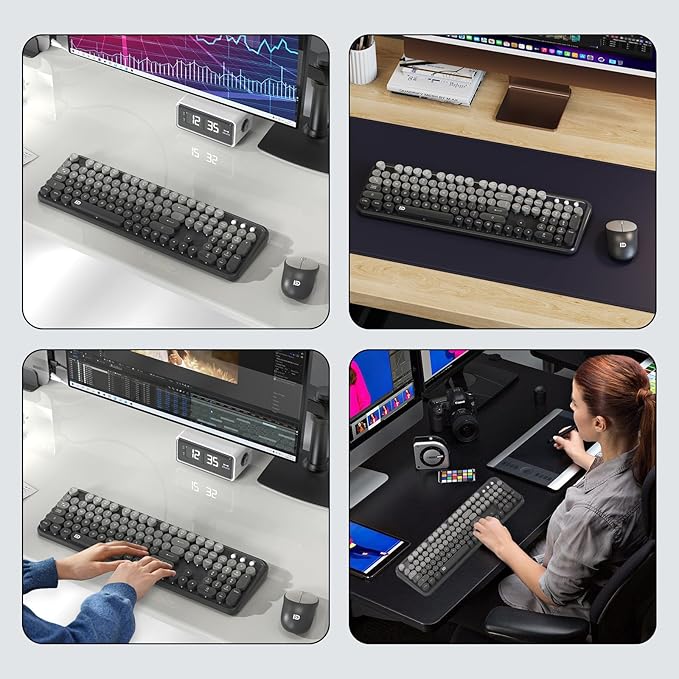 FD Wireless Keyboard and Mouse Combo - 2.4G Full-Sized Cute Colorful Mouse and Keyboard with 104 Round Keys Retro Typewriter Keyboards for Laptop/Windows/PC - Grey Gradient