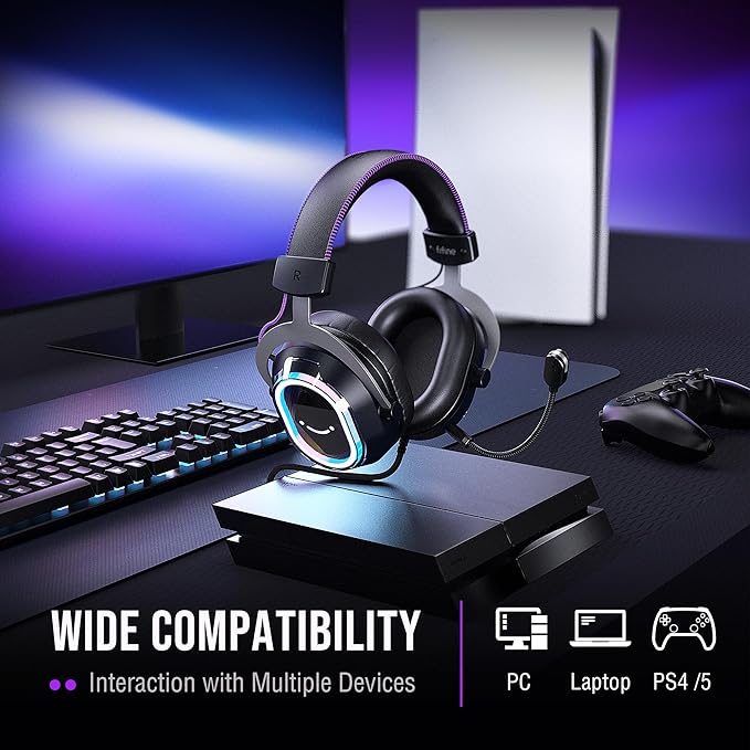 FIFINE Wired Gaming Headset: 7.1 Surround Sound - Vibrant RGB Lighting - NC Mic - Ergonomic Ear Pads - Control Box, Streaming USB Headset for PC, PS5/PS4, Laptop, Mac - AmpliGame H13BP (Black&Purple)