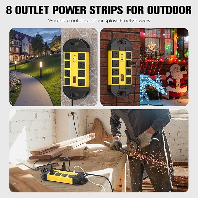 HHSOET Outdoor Weatherproof 8 Outlet Power Strip, IPX6 Waterproof Surge Protector, 2 USB-A 1 USB-C Ports, 15 FT Extension Cord for Outdoor Patio Garden Porch Garage