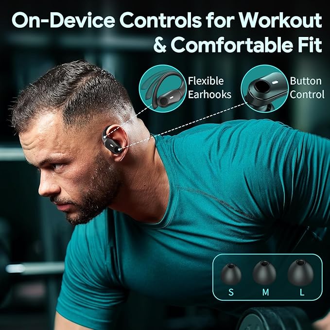 GOLREX Active Noise Cancelling Ear Buds Wireless Earbuds Bluetooth Headphones with 80H Playtime LED Display Charging Case, Over Ear Earphones with Hooks for Sports Running Gym Workout Black