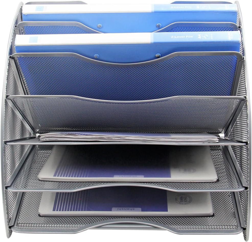 EasyPAG Desk File Organizer, 6-Section Vertical File Folder Holder Stand, Fan-Shaped Metal Rack File Sorter for Office Classroom Desktop Organization, Silver