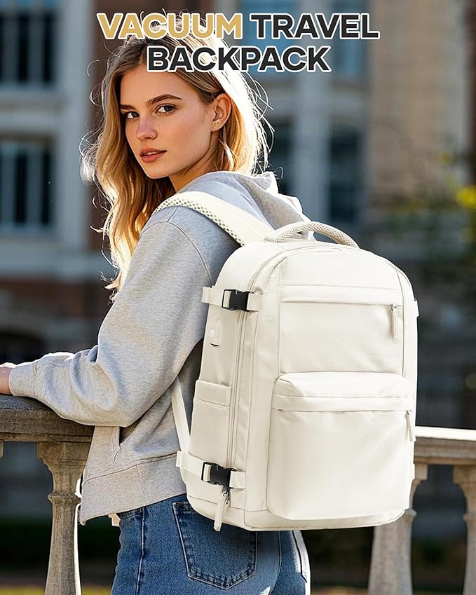 Vacuum Travel Backpack with Pump for Women,Personal Item Carry on Backpacks Flight Approved 18x14x8 inches for Men,Laptop Waterproof Work Compression bags Casual Daypack. Beige