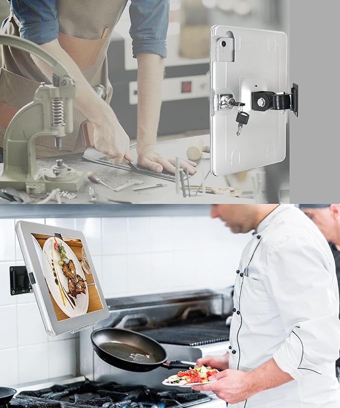 on Wall Mount Bracket for 2025 iPad 11"(A16) 11th / 2022 iPad 10.9" 10th Gen.,Excluding Other 10.9"/ 11",with Anti Theft Lock & Key,Rotate Arbitrary Adjustment Angle,Metal,(Silver)