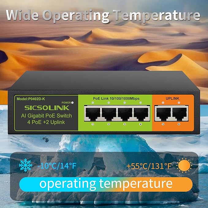 Gigabit 6 Ports PoE+ Switch (4 PoE+ Ports, 2 Uplink), 802.3af/at, 65W Total Power, 1000Mbps, Unmanaged, Fanless, Metal Case, Suitable for IP Cameras & Networking Devices