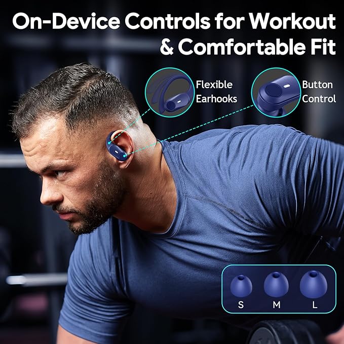 GOLREX Active Noise Cancelling Ear Buds Wireless Earbuds Bluetooth Headphones with 80H Playtime LED Display Charging Case, Over Ear Earphones with Hooks for Sports Running Gym Workout Blue