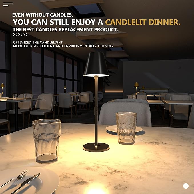 Modern LED Cordless Table Lamp, 4000mAh Rechargeable Battery, 3 Level Brightness Night Light, Metal Shell, Minimalist Design, for Couples Dinner/Coffee Table/Restaurant/Bedroom, Black