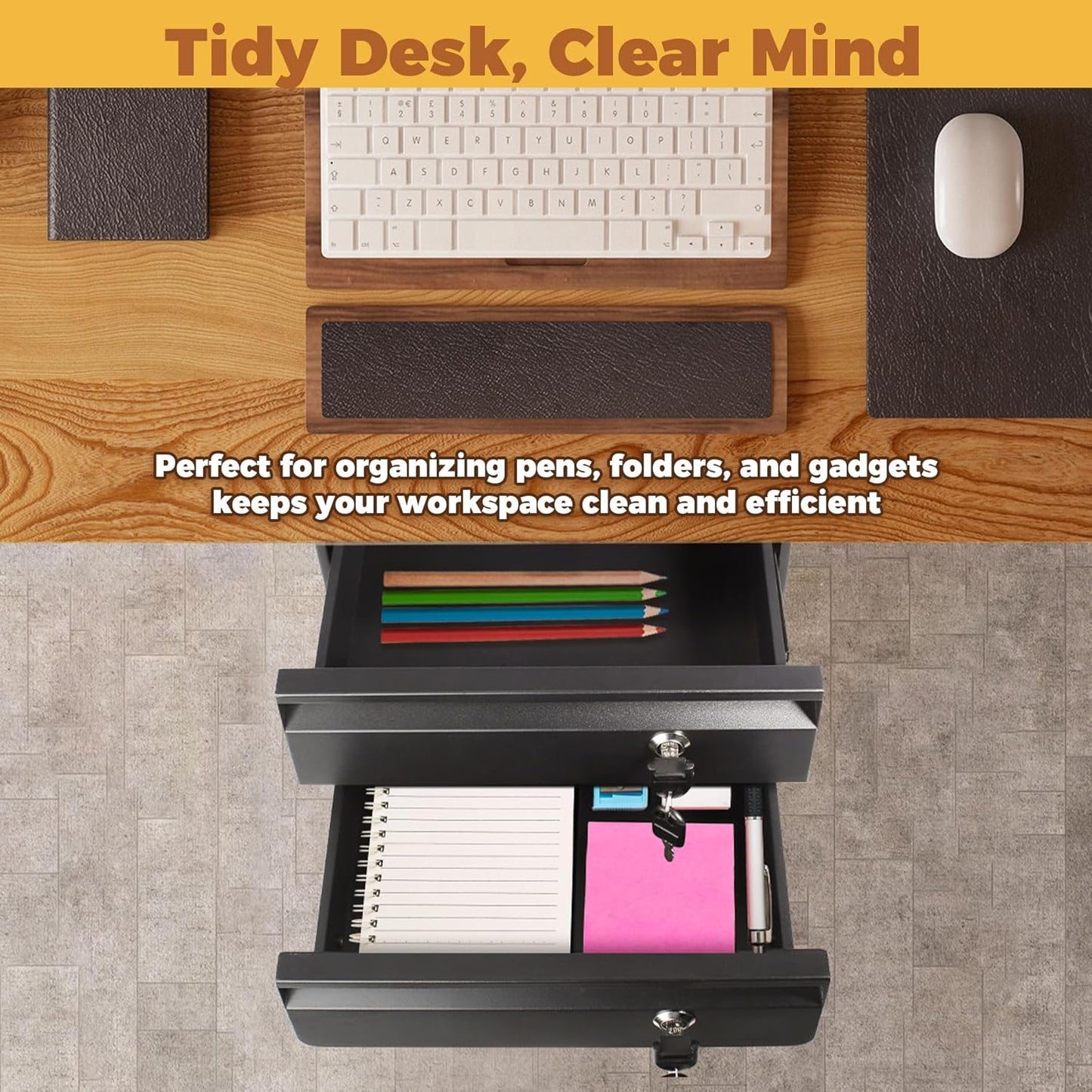 14 In Double Under Desk Drawer,Under Desk Pull Out Drawer with Lock and Keys,Adjustable Height, Metal Storage Drawer with Slide Extension Mounted Under Flat Wooden Table or Workbench, Black