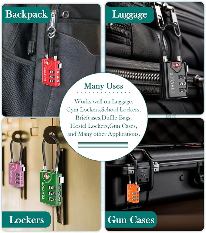 Search Alert TSA Approved Travel Combination Luggage Cable Locks for Suitcase, Gym Locker,Toolbox,Backpack 1,2,4,6 &10 pk (White 4 Pack)