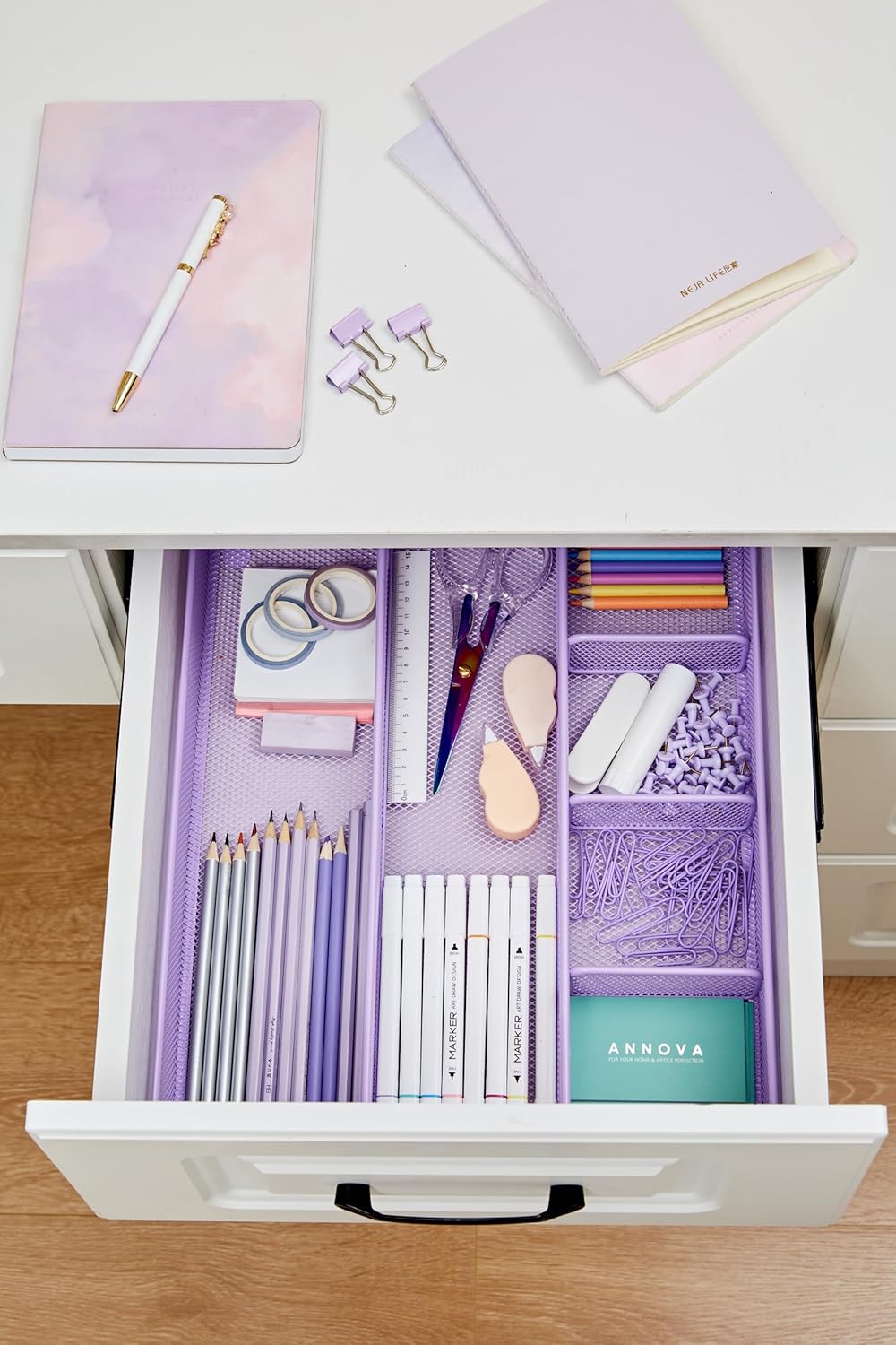 Annova Desk Top Organizer Tray for Office Organization - Metal Mesh - Storage Tray with Dividers for Pens, Desktop Accessories, Bathroom, Kitchen, Makeup and Office Supplies (Large, Purple)