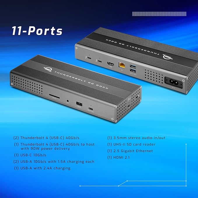 OWC Thunderbolt Go Dock, 11 Ports, Built in Power Supply, 90W Charging, TB4 (USB-C), USB, HDMI, 2.5GbE, SD, Also Compatible with USB-C Devices, Supports Thunderbolt Share