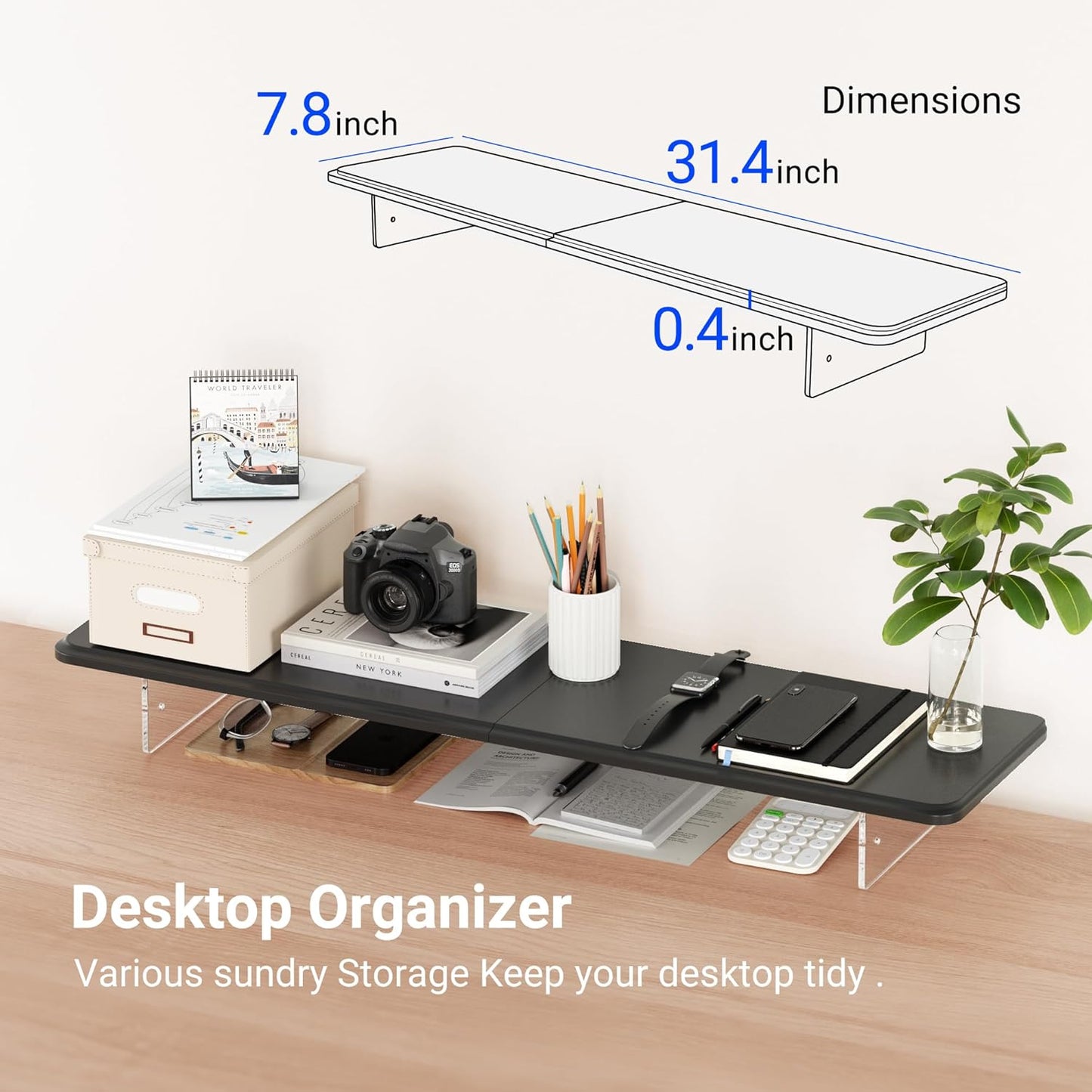 Monitor Stand Riser,31.5-Inch LED Light Wood Computer Monitor Stand with Adjustable Acrylic Legs,Desk Accessories Desktop Organizer Stand for Computer,Laptop,Printer,PC TV Screen Riser,Black