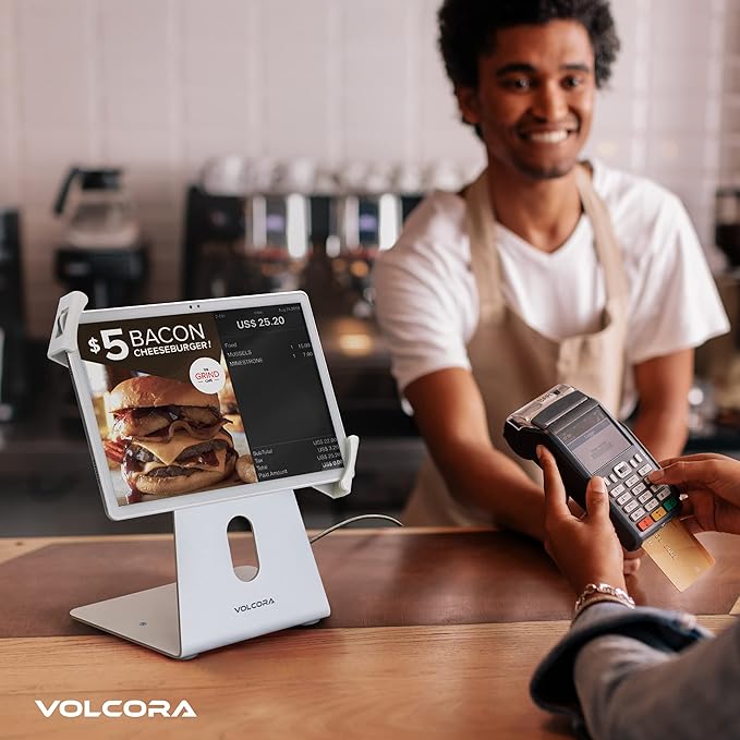 Volcora Anti-Theft Tablet Stand iPad Security Holder with Lock, White 10-13 Inch Kiosk Stand Mount, Swivel, Adjustable, for iPad Pro, Air, POS Register, Retail Business, Checkout, Cashier