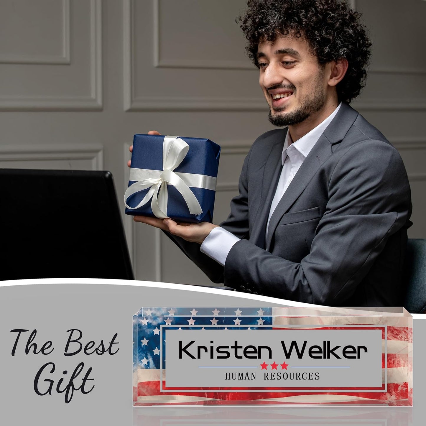 Personalized Name Plate for Desk - Custom Engraved Name Plates for Man - Boss Day Gifts for Boss - Acrylic Office Decor Appreciation Gifts for Teacher Nurse Coworker Social Worker (Flag)