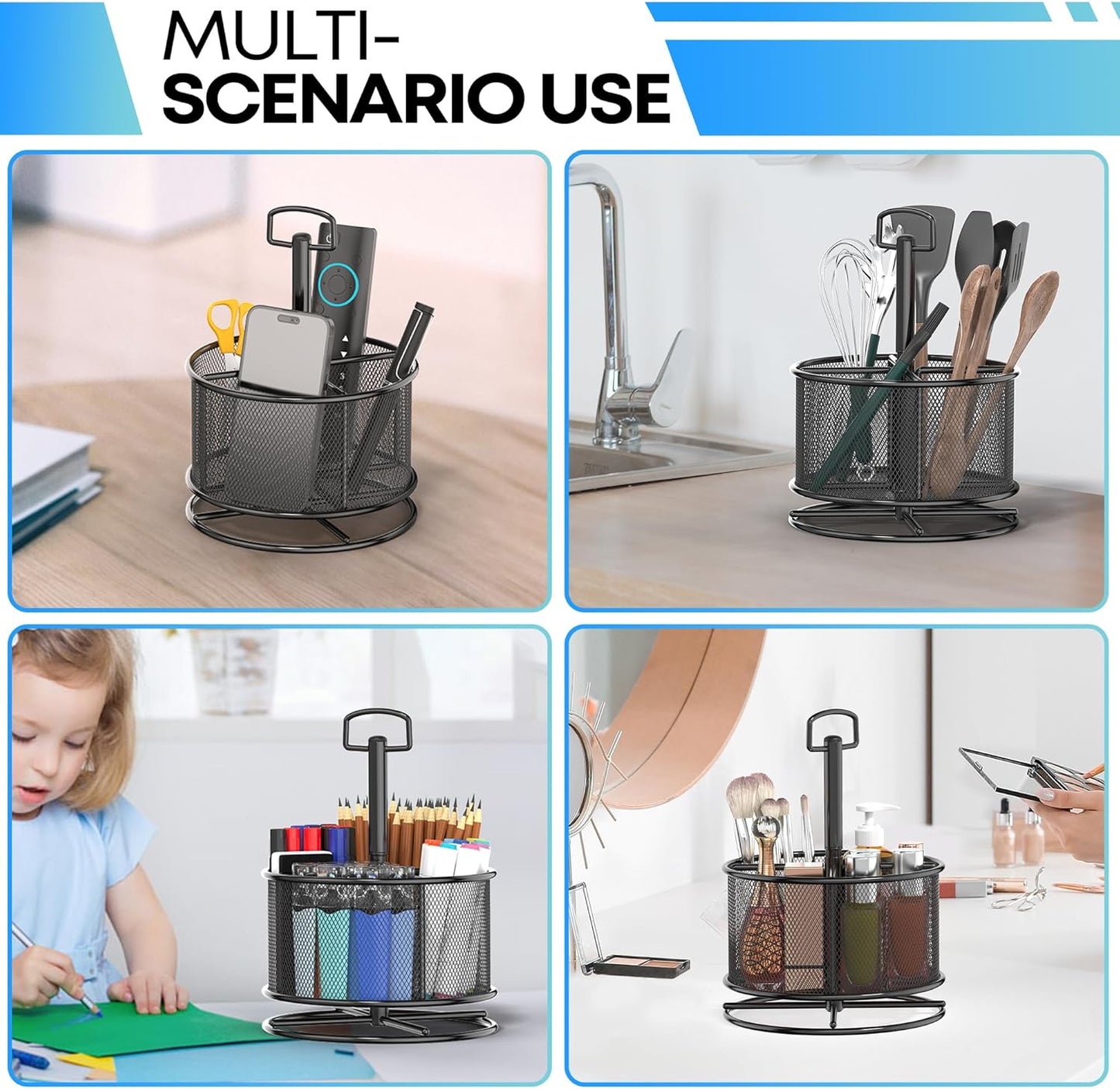 360-Degree Rotating Pen Holder for Desk, Mesh Pencil Organizer Multi-Functional Pen Holder, 4 Compartments Desktop Stationary Organizer, Home Office Black