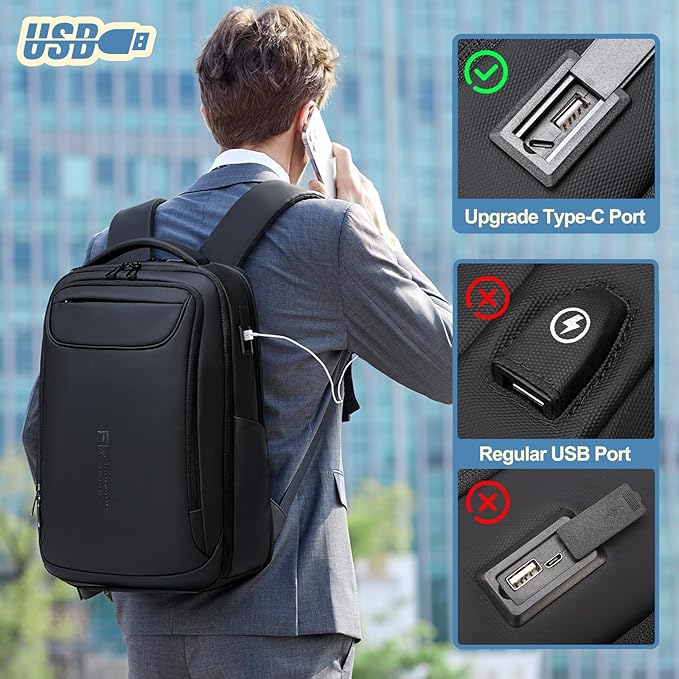 FENRUIEN Business Backpack for Men,Water Resistant Tech Backpack with Charger,Black Laptop Backpack 15.6 Inch