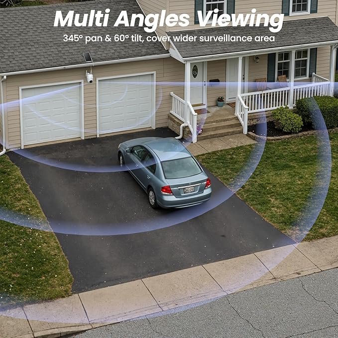 2K Cameras for Home Security-2.4G WiFi Outdoor Camera Wireless Solar/Battery Powered with solar panel, 360° Viewing, AI Human Detection, Color Night Vision, with SD Storage, Works with Alexa(2 Pack)