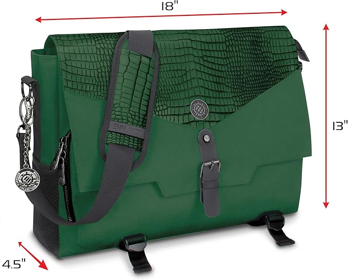 ENHANCE Collector's Edition RPG Player's Essentials DND Bag - Dragon Hide Exterior Messenger Bag Fits 2-4 Books, Binders, Dice & Accessories, with 17 inch Laptop Slot, Battlemap Straps (Dragon Green)