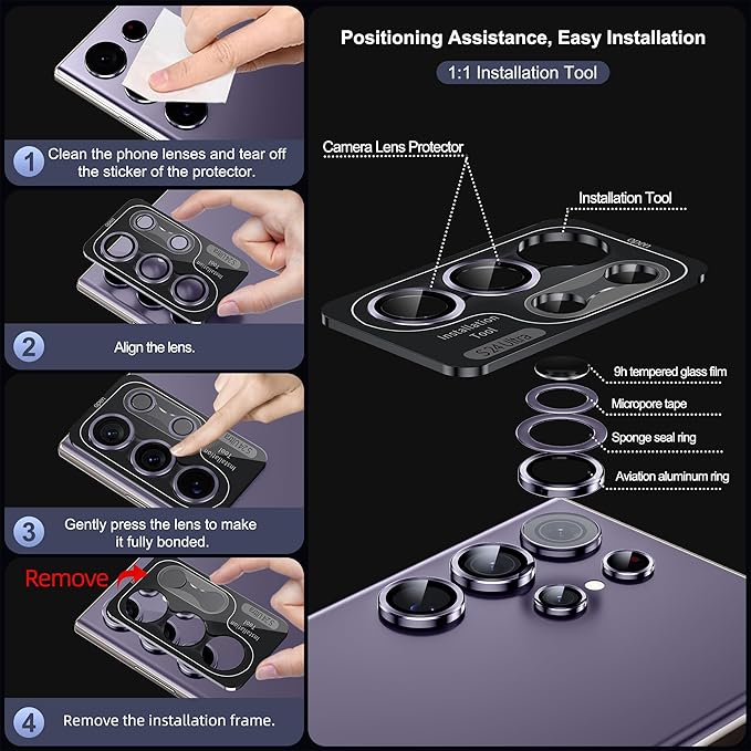 WSKEN for Samsung Galaxy S24 Ultra Camera Lens Protector, Ultra Thin Scratch Resistant 9H Tempered Glass with Aluminum Metal Circle Camera Screen Protector Cover Accessories, Violet