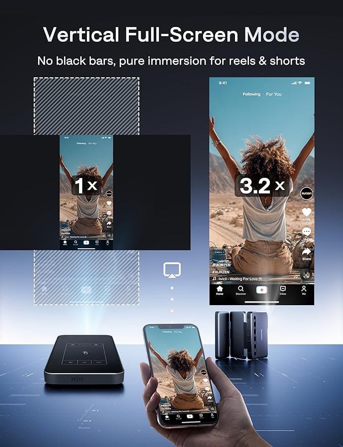 Aurzen ZIP Tri-Fold DLP Ultra-Portable Mini Projector with Bluetooth 5.4, Screen Mirroring, 5000mAh Battery, Type-C Fast Charging, Zero-Lag Focus&Keystone, Pocket Pico Projector, Built-in Stand, Grey