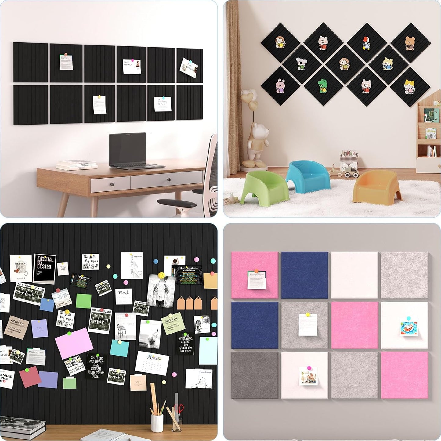Large Cork Boards for Walls – 48 x 36 Self Adhesive Felt Wall Tiles, Ideal for Office Black Bulletin Board, Easy to Install Pin Board Photo Board