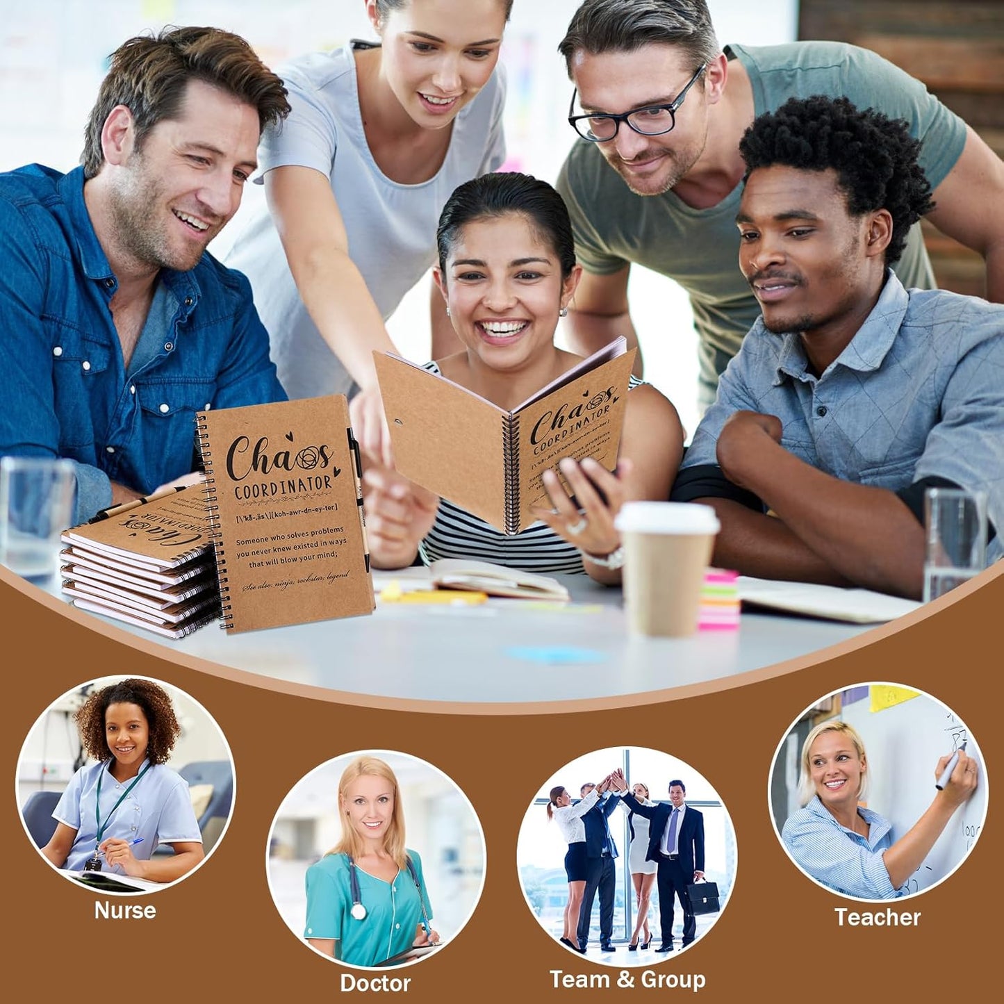 Nezyo 10 Sets Chaos Coordinator Gifts Employee Appreciation Week Notebook with Ballpoint Pen Spiral Notebook Teacher Appreciation Gifts Bulk for Women Men Journals Thank You Cowerker (Brown)