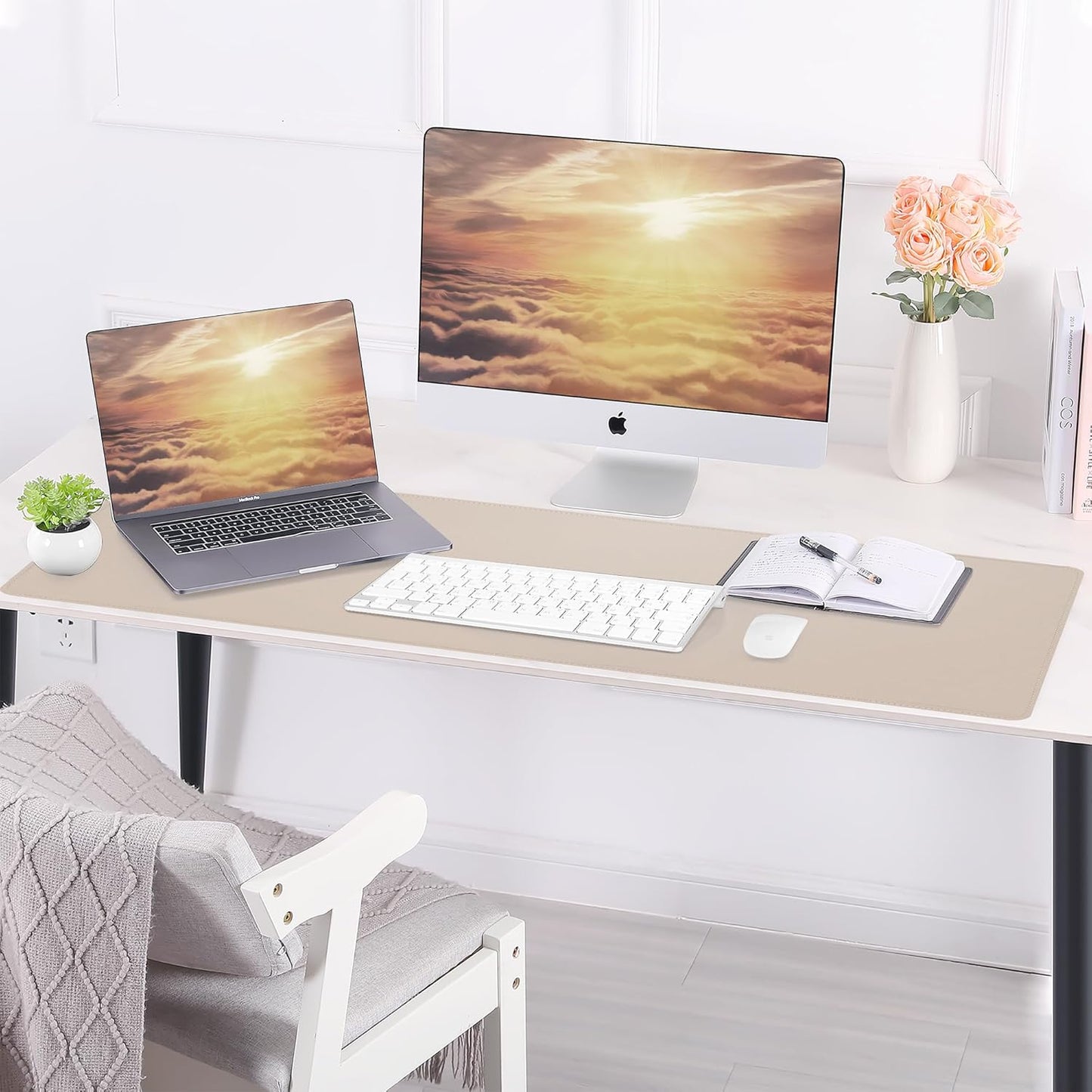 AFIING Leather Desk pad Protector, Large Non-Slip Office Desk Mat with Natural Cork & PU Leather, Waterproof Writing Mouse Pad for Office and Home (55in*17in,Beige)