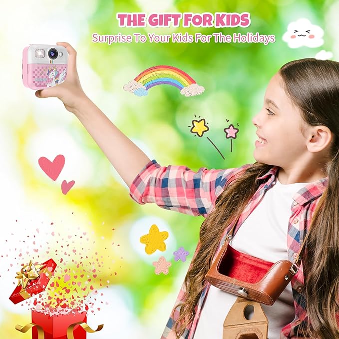 Instant Print Camera for Kids, 1080P Children Printable Cameras Christmas Birthday Gifts for Girls Age 3-10, Toddler Toy for 3 4 5 6 7 8 9 10 Year Old with 3 Roller Photo Paper (Pink)