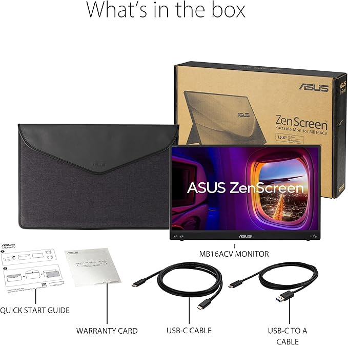 ASUS ZenScreen 15.6” 1080P Portable Monitor (MB16ACVR) - Full HD, IPS, Eye Care, Flicker Free, Blue Light Filter, Kickstand, USB-C Power Delivery, for Laptop, PC, Phone, Console