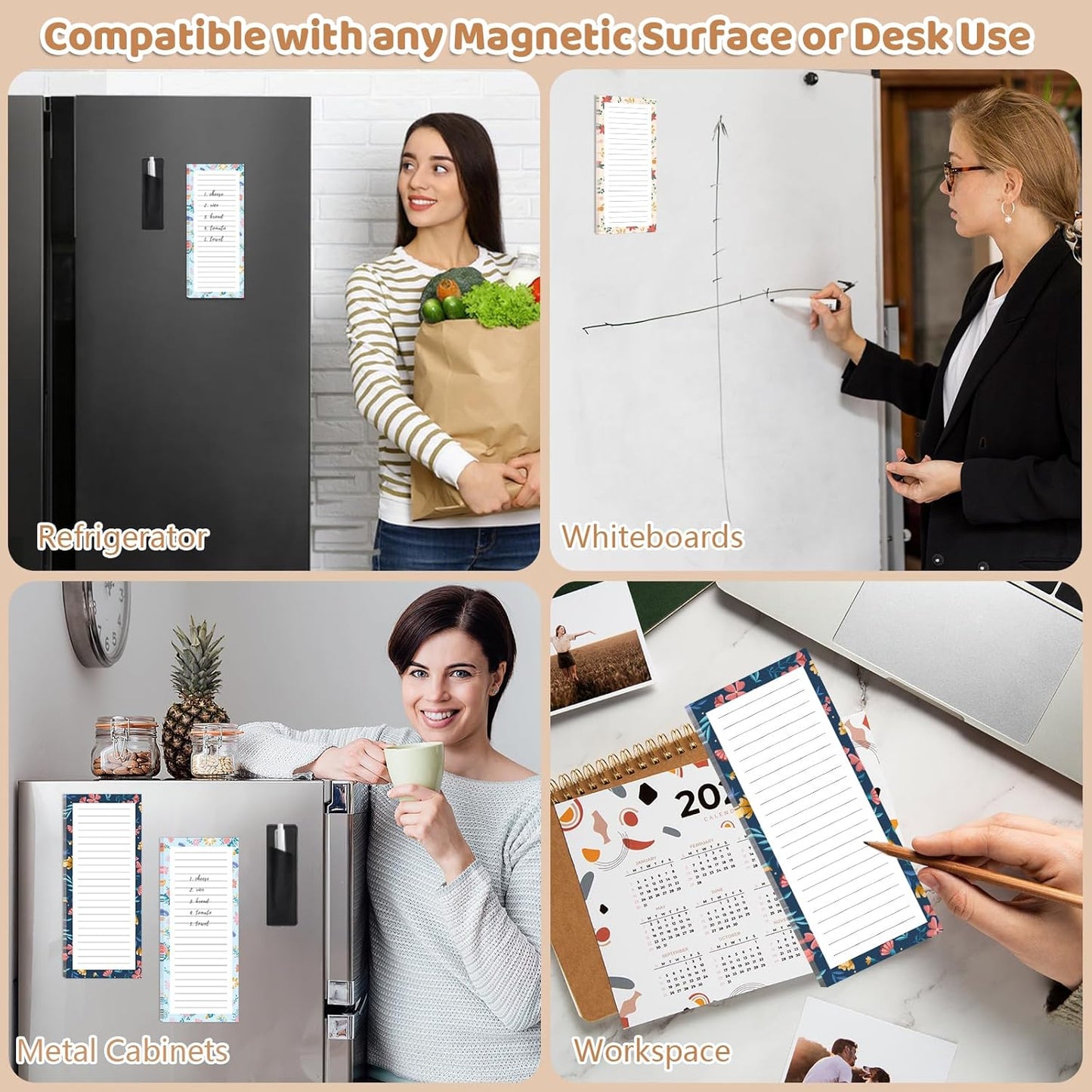 4 Pack Magnetic Note Pad for Fridge with Pen Holder, Totally 200 Sheets Magnetic To Do List, Shopping List, Grocery List, Memo Pads for Refrigerator(Flower Design)