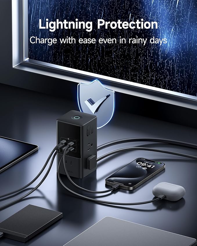 Baseus Charging Station 67W, 10-in-1 USB-C PD Fast Charging Desktop Charger with 1200J Surge Protection, 5ft Extension Cord, 6 AC, 3 USBC, 1 USBA Ports for iPhone 17/16, MacBook, Tablet, Desktop