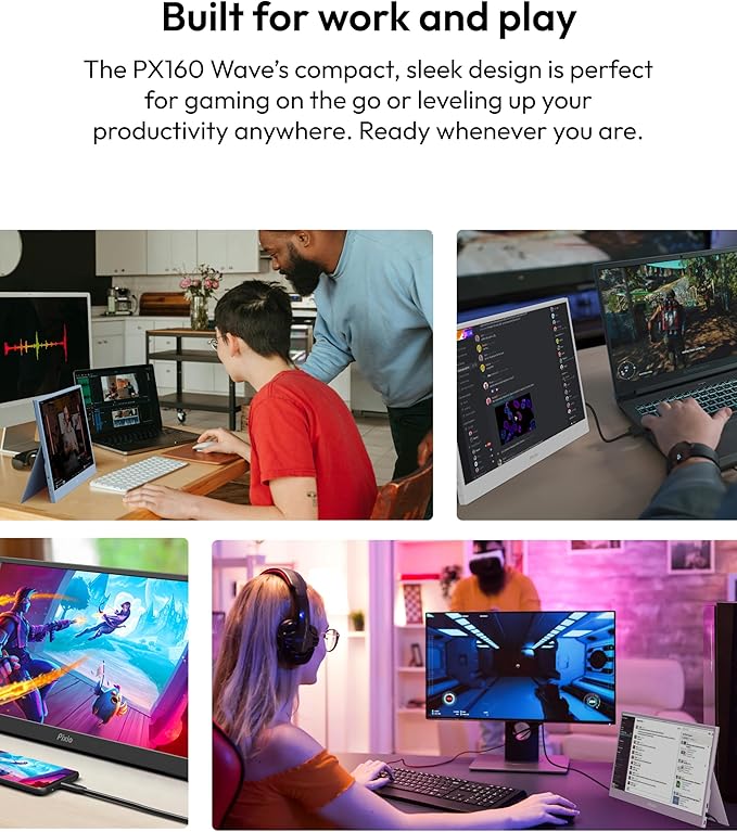 Pixio PX160 Wave White Portable Monitor 15.6 inch 60Hz FHD 1080p IPS Panel HDR Screen Cover Stand USB-C HDMI Laptop Screen Extender Portable Monitor for Laptop, PC, Console, Phone