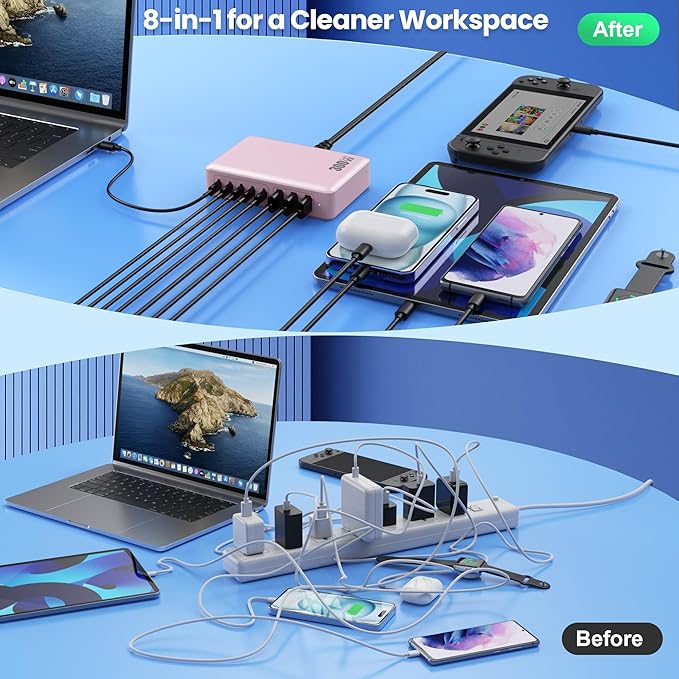 USB C Charger 300W USB C Charger Block, 8-Ports GaN IV Fast Charging Station Hub,PD 100W Laptop Charger Adapter,for MacBook Pro/Air/iPad/iPhone16/15/14/Apple Watch/DELL/Samsung for Home Office