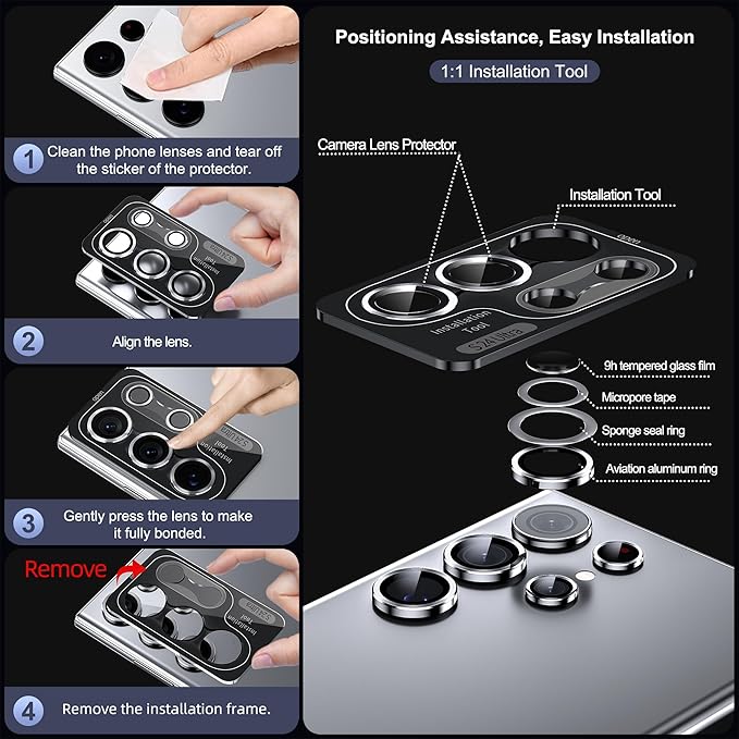 WSKEN for Samsung Galaxy S24 Ultra Camera Lens Protector, Ultra Thin Scratch Resistant 9H Tempered Glass with Aluminum Metal Circle Camera Screen Protector Cover Accessories, Silver