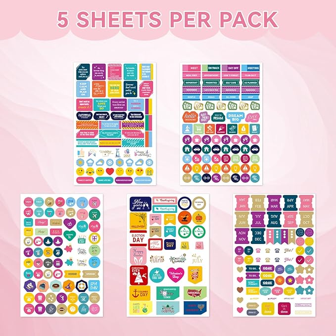 Ospelelf Planner Stickers, 5 Sheets Calendar Stickers Pack, Inspirational Motivational Quotes Festivals Label Sticker, for Decorating Organizers Scrapbooks Laptops Cups